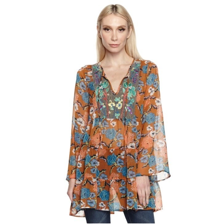 Aratta Silent Journey Enchanted Tunic Floral Embroidered Tunic Top Orange Xl